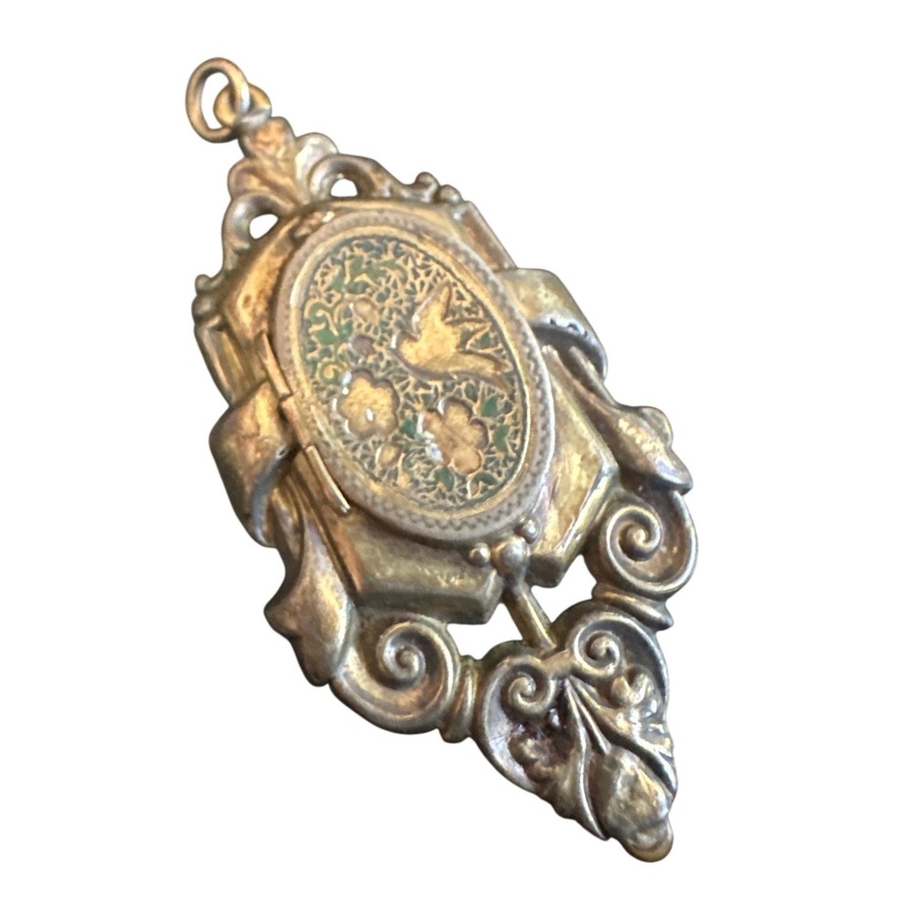 Antique Brass Bird Floral Locket Pendant Ornate Victorian Style Scrollwork